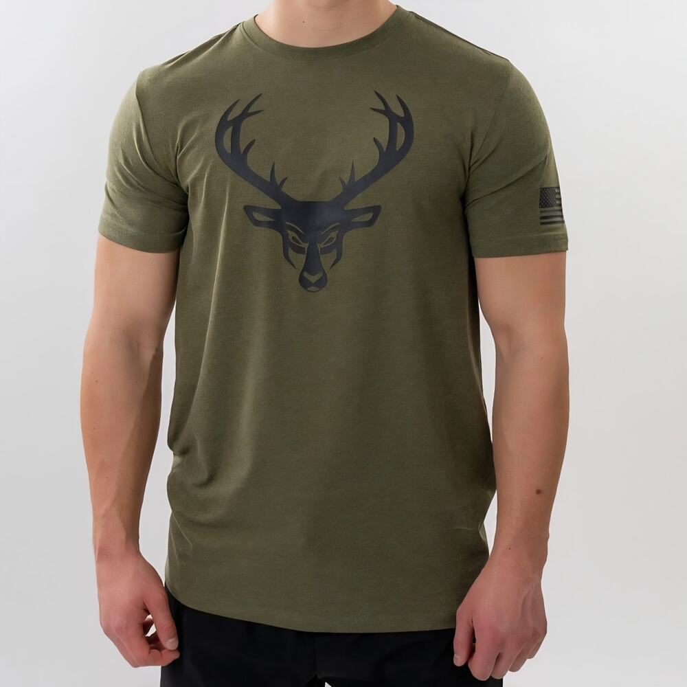 Bucked Up T-Shirt Mens M/L? Military OD Green Deer Logo USA Flag Gymcore Hunting